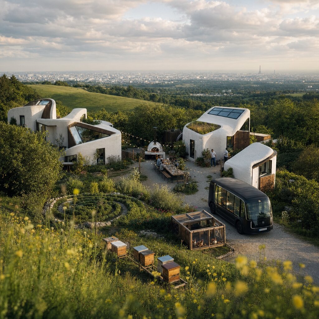 Modern eco-village with Paris in background